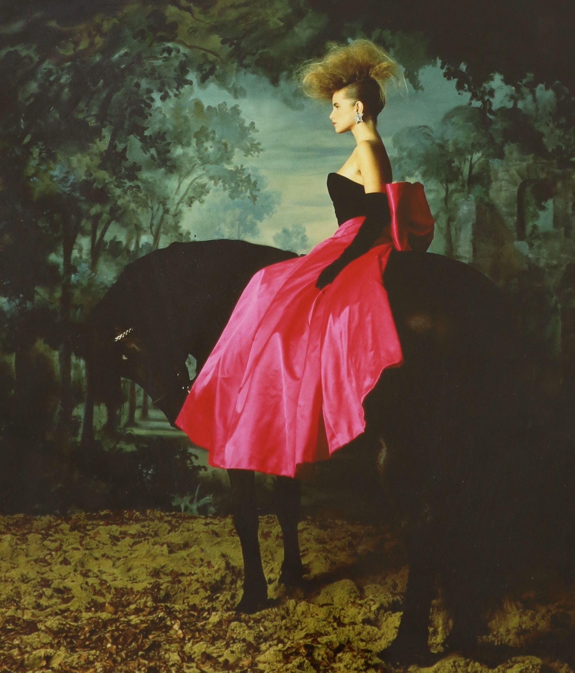 Lord Snowdon, colour photograph, Fashion model on horseback, signed, 35 x 30cm